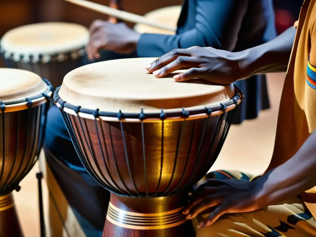 Un percusionista hábil toca con pasión el djembe africano en una sinfonía