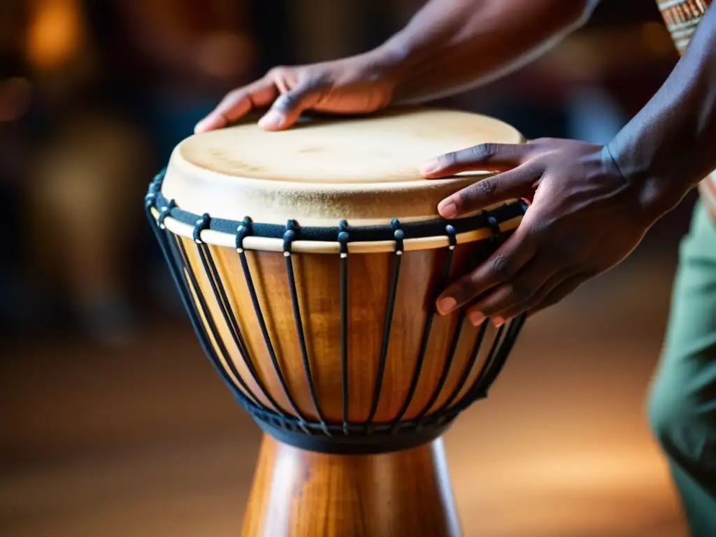 Un percusionista hábil toca un djembé tradicional con pasión, mostrando movimientos y ritmos