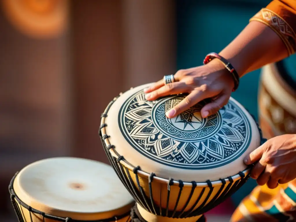 Un percusionista hábil toca un doumbek cerámico, las manos borrosas, la pasión y arte de la percusión oriental