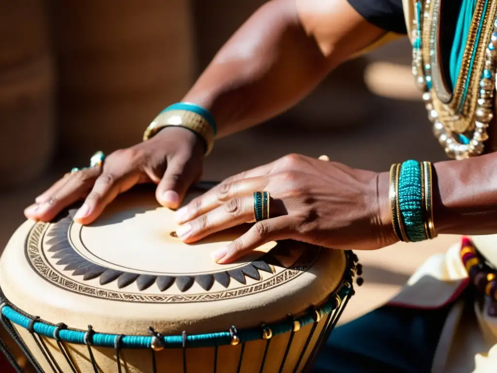 Un percusionista hábil toca el doumbek con intensa concentración