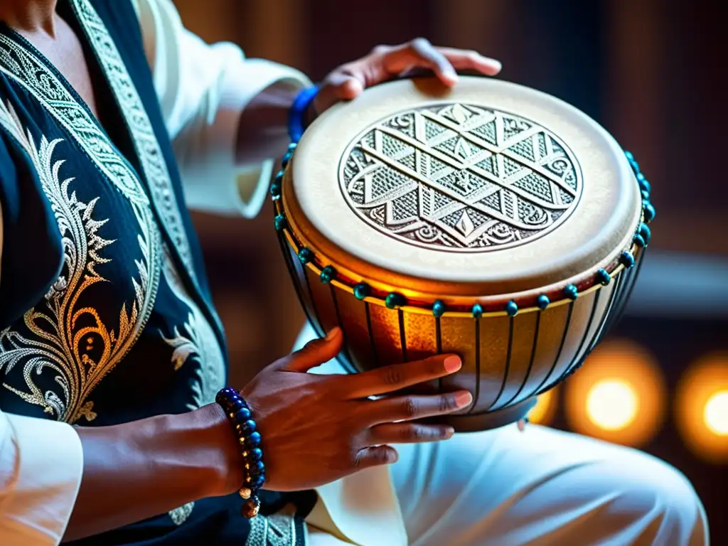 Un percusionista hábil toca el doumbek con maestría, resaltando la intensidad de la actuación y la riqueza de la cultura árabe