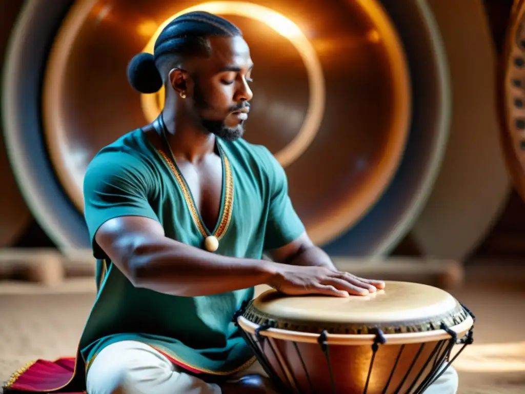 Un percusionista hábil toca un hang drum en un entorno natural sereno