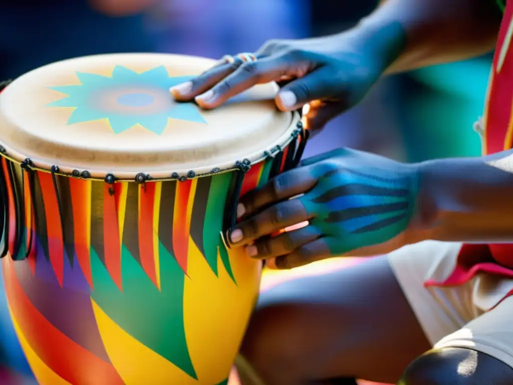 Un percusionista experto toca el atabaque con manos cubiertas de pintura corporal, reflejando la energía y el ritmo del origen y uso del atabaque