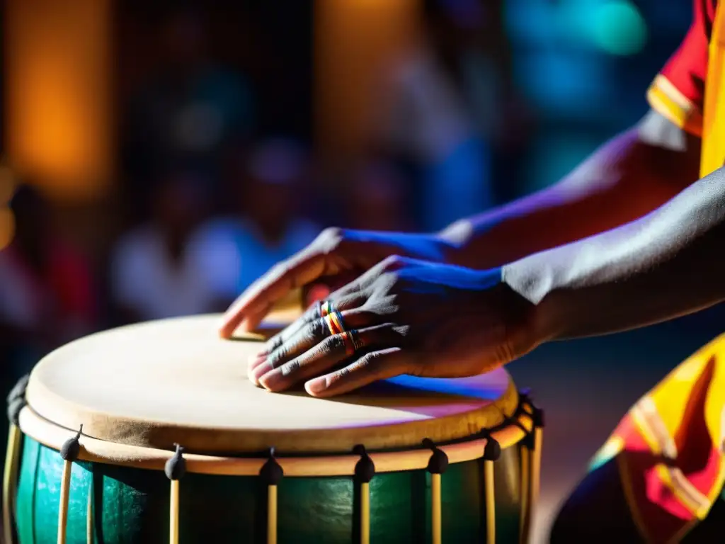 Un percusionista experto toca un atabaque en un ritual vibrante y enérgico, resaltando su origen y uso en tradiciones afrobrasileñas