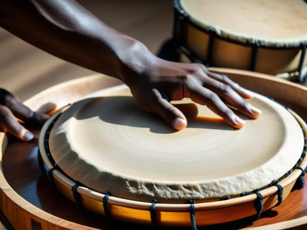 Un percusionista experto toca un pandeiro brasileño tradicional, creando un efecto visual hipnótico con sus manos en movimiento