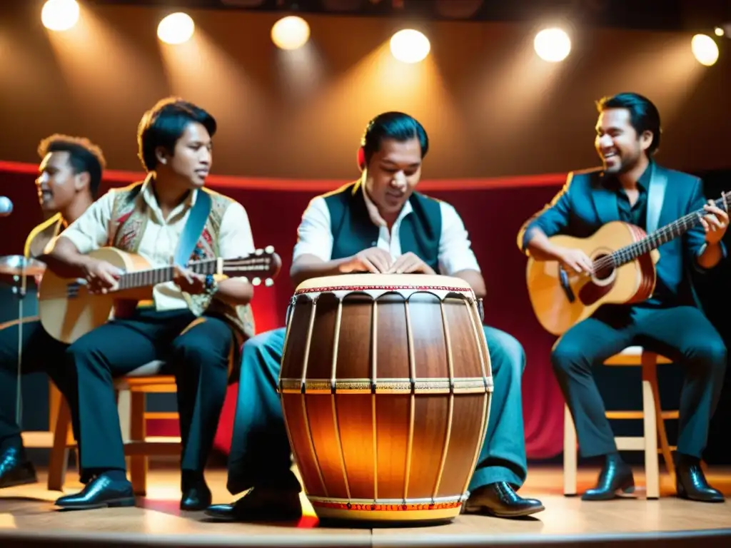 Un percusionista experto toca un cajón peruano con pasión, rodeado de músicos en un ambiente vibrante y dinámico