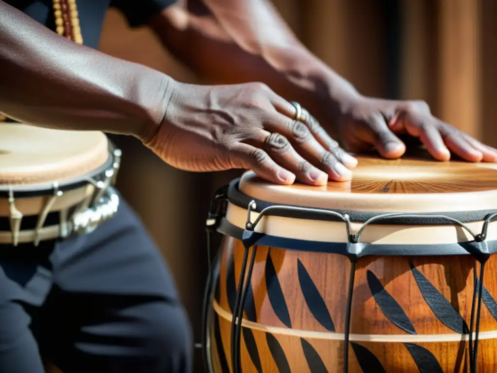 Un percusionista experto toca una conga afroantillana, mostrando técnicas de tumbao