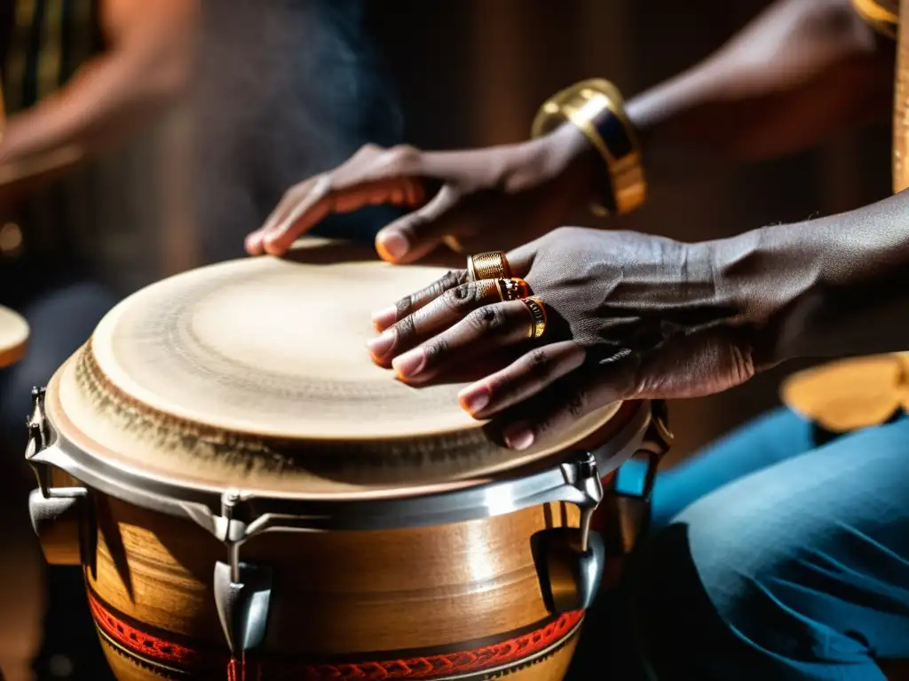 Un percusionista experto toca las congas en una habitación tenue, capturando el dinamismo y la técnica de las congas caribeñas