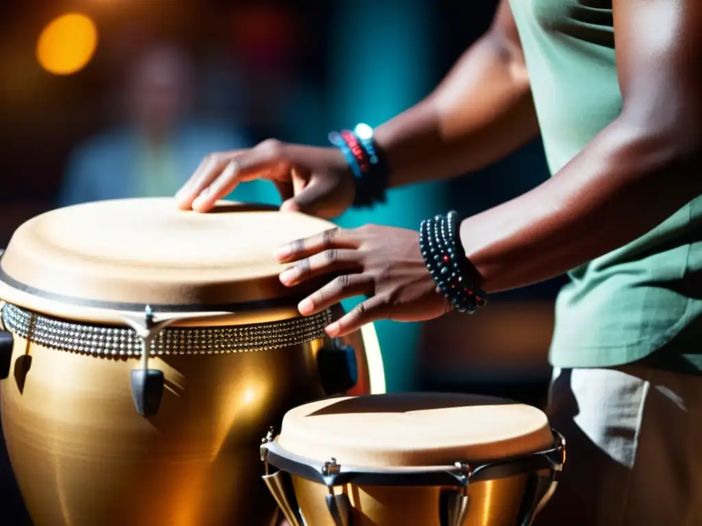 Un percusionista experto toca las congas con pasión, mostrando la técnica de las congas en afrocubana