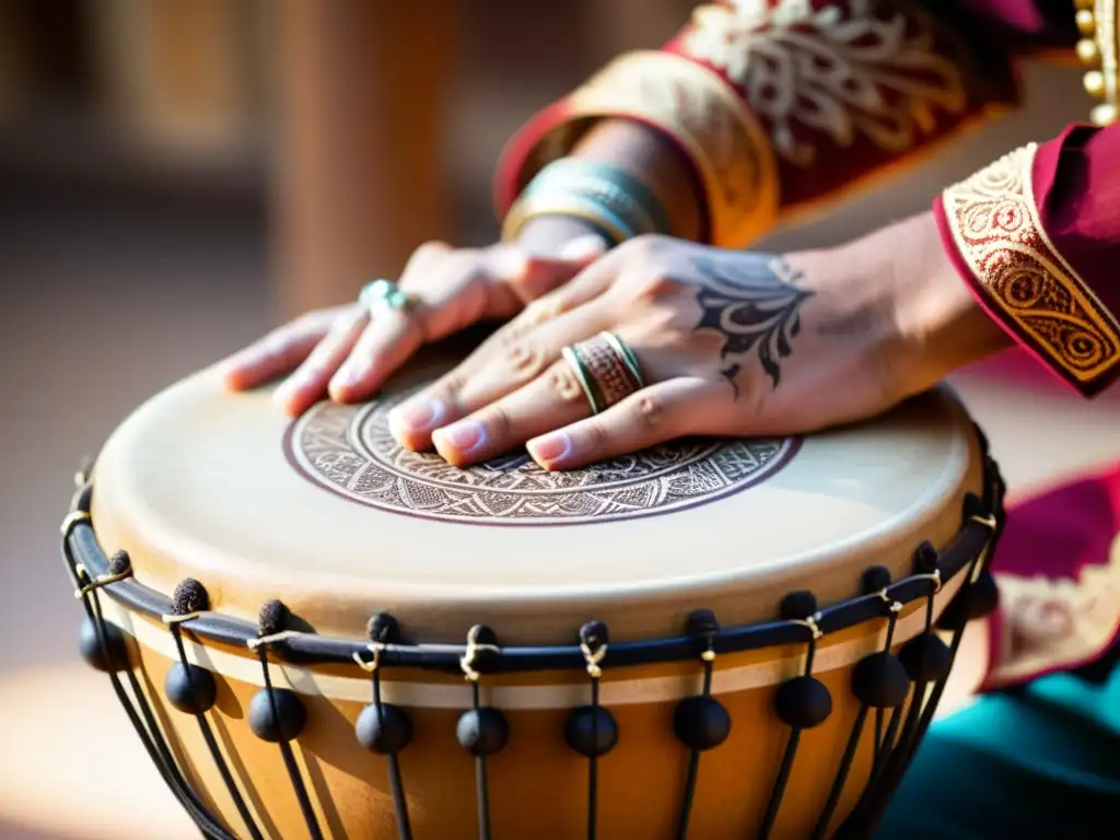 Un percusionista experto toca el Doumbek con destreza, mientras sus manos adornadas con diseños de henna crean un ambiente cultural