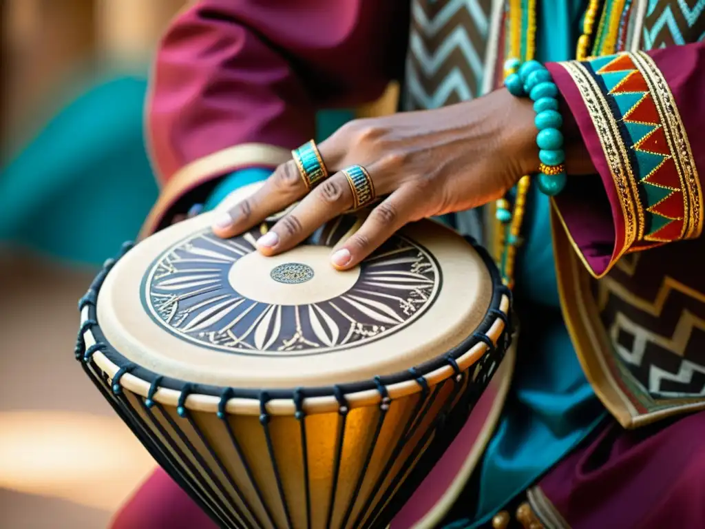 Un percusionista experto toca el doumbek, destacando las técnicas de percusión árabe con movimientos precisos y ritmo dinámico