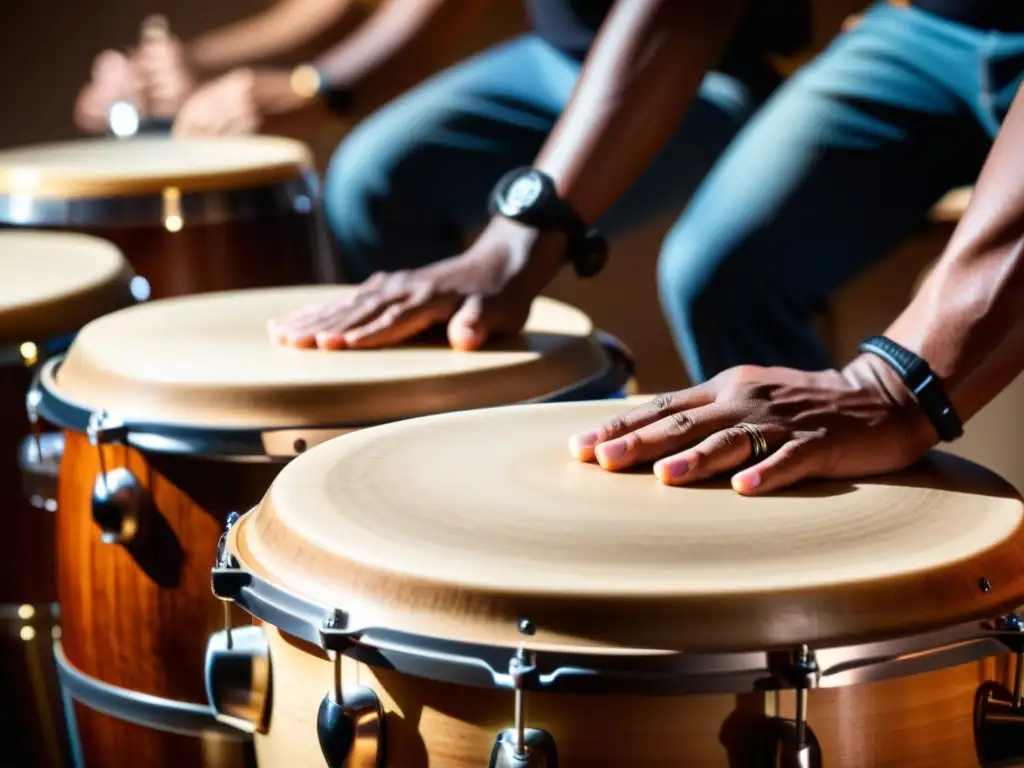 Un percusionista experto toca con energía un set de tambores congas, destacando la rica textura de madera y los movimientos dinámicos