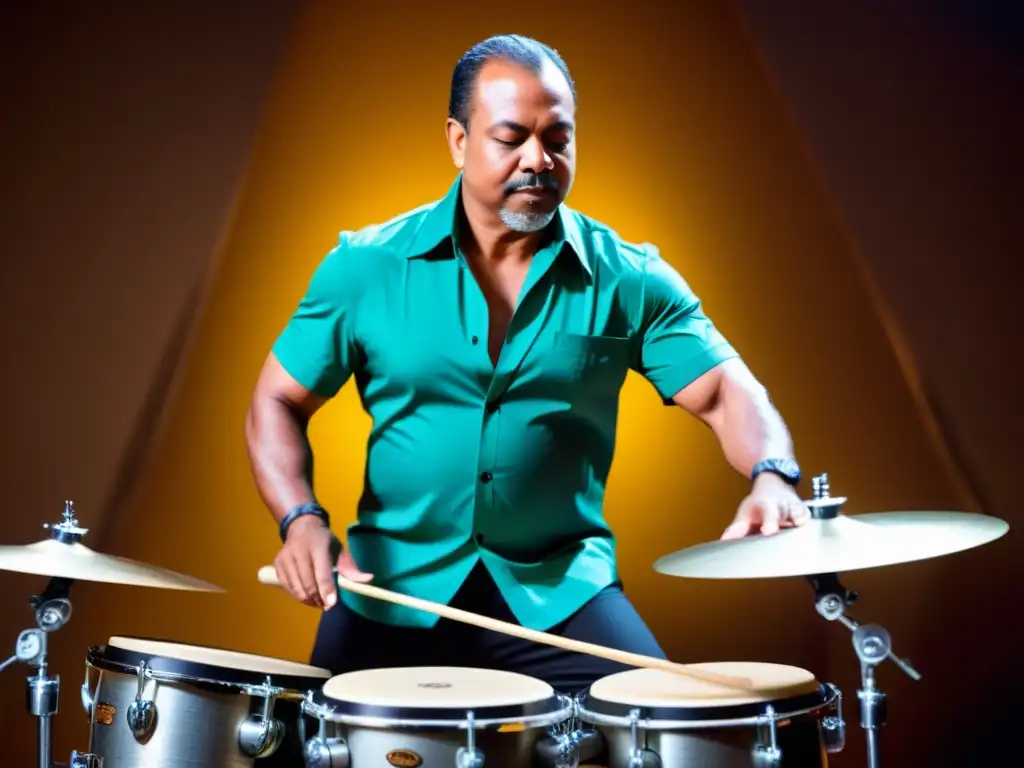 Un percusionista experto demuestra con intensidad y precisión las técnicas de timbales tropicales salsa, rodeado de una energía vibrante y dinámica