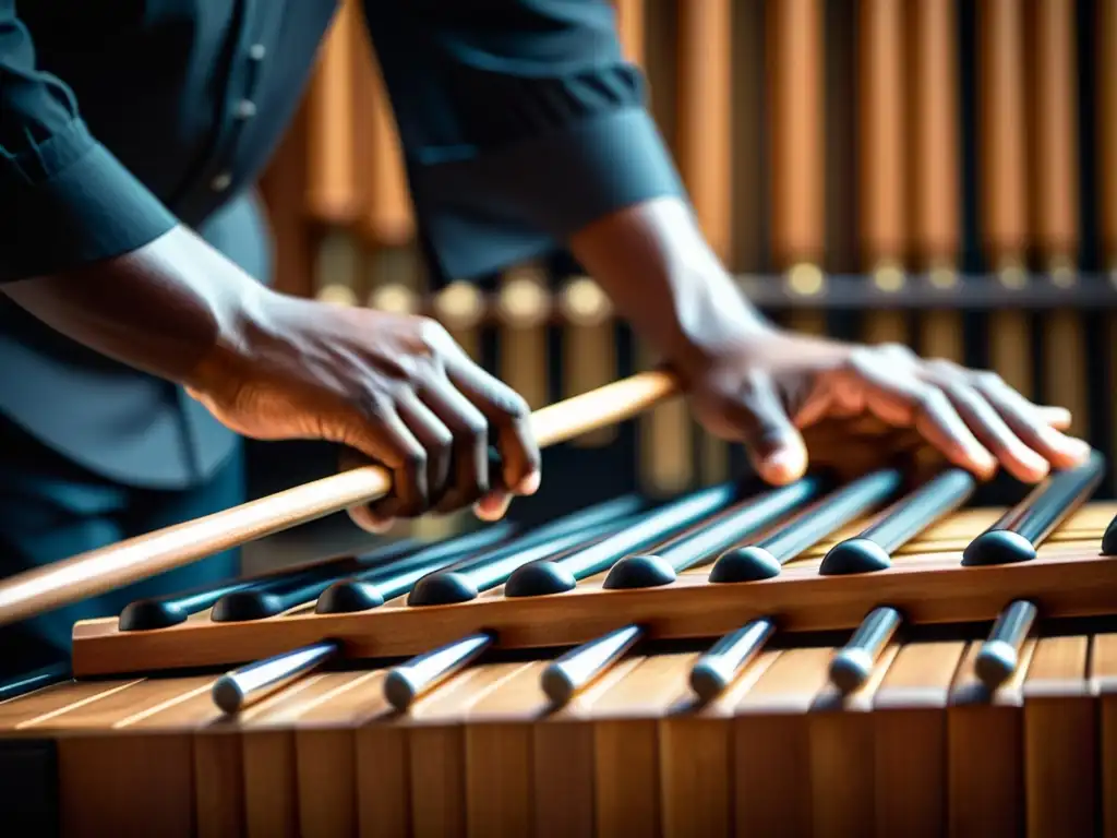 Un percusionista experto toca la marimba con precisión, destacando las técnicas de mallets para instrumentos de percusión