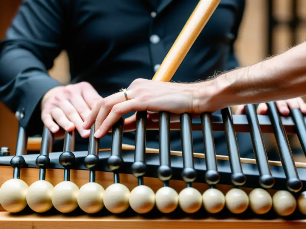 Un percusionista experto toca el glockenspiel con mazas, destacando las técnicas de mallets para instrumentos de percusión