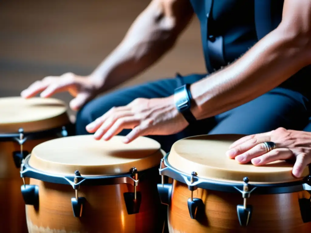 Un percusionista experto ejecuta patrones rítmicos de tango con pasión y precisión en instrumentos de percusión, como el cajón y la conga