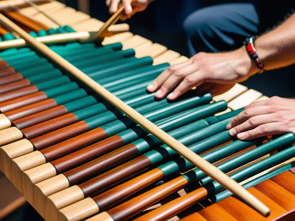 Un percusionista experto tocando con precisión las teclas de una marimba, demostrando habilidad y concentración