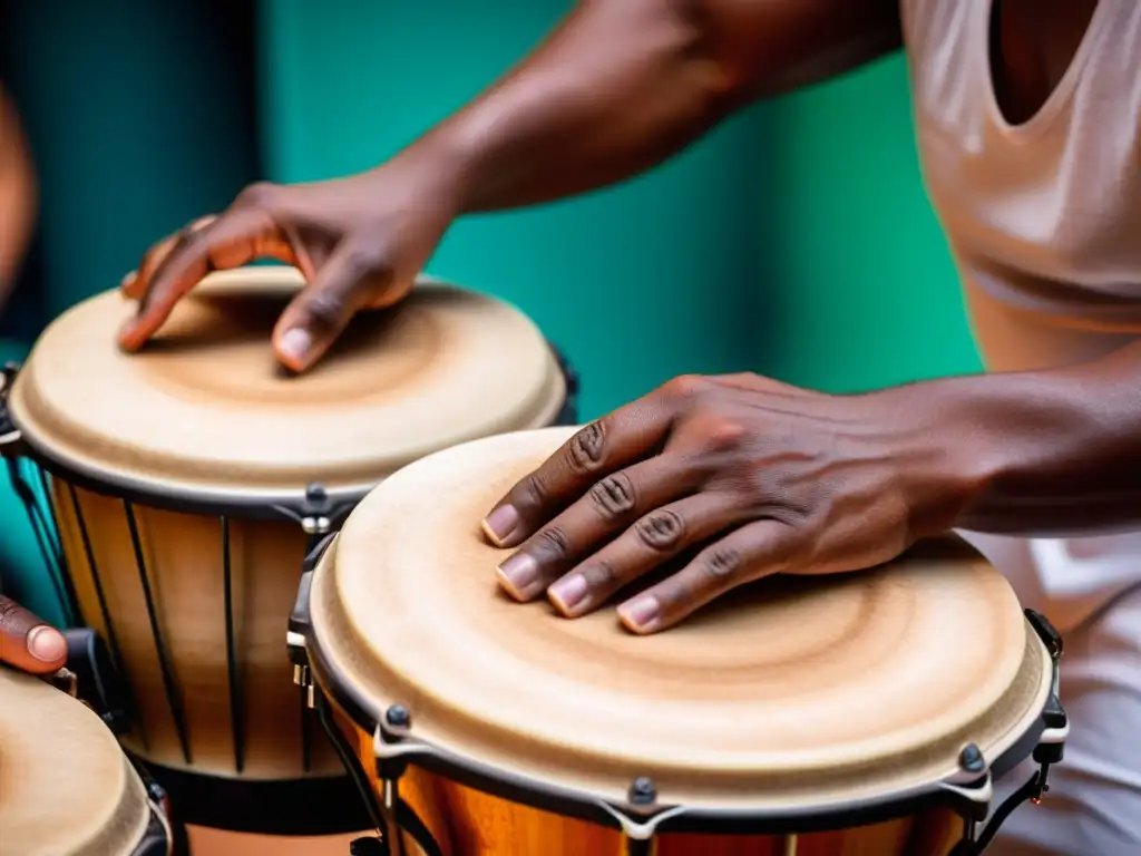 Un percusionista experto ejecuta con precisión las técnicas de mano para bongos, transmitiendo la intensidad y pasión de la música afrocubana