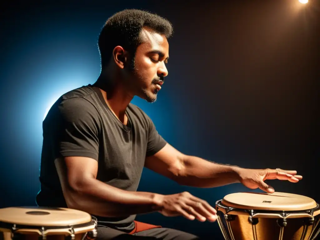 Un percusionista experto crea ritmos con instrumentos de percusión modernos en un estudio con iluminación tenue, mostrando pasión y concentración