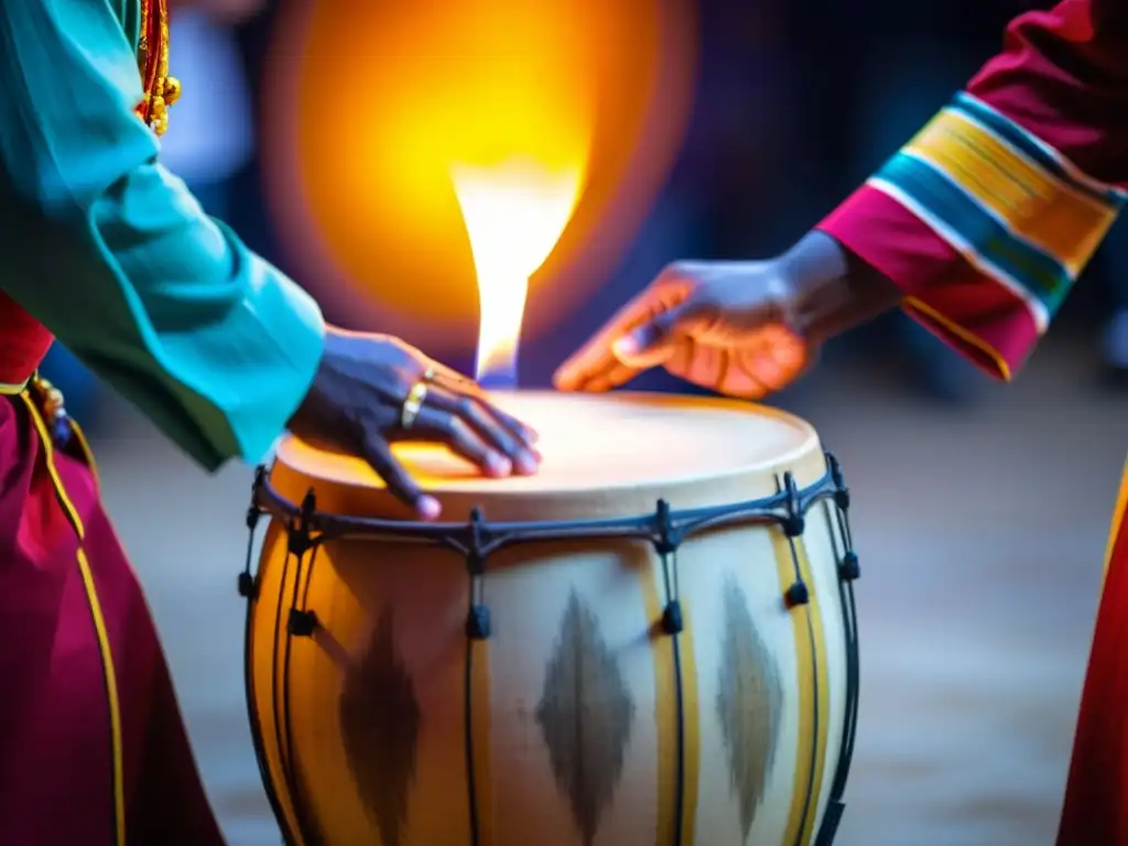 Un percusionista experto toca un tambor en una ceremonia de Candomblé, con colores vibrantes y energía palpable