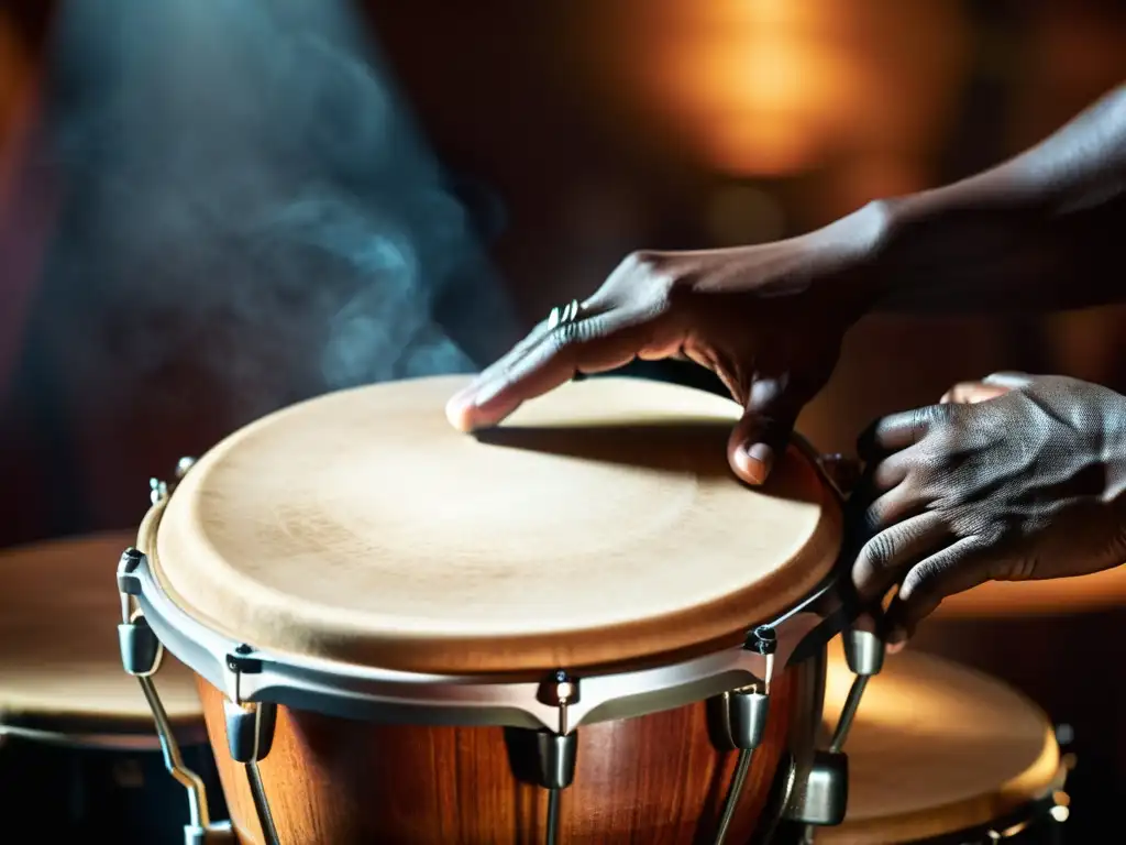 Un percusionista experto ejecuta la técnica de las congas en afrocubana con intensidad, destacando la pasión y tradición de la música