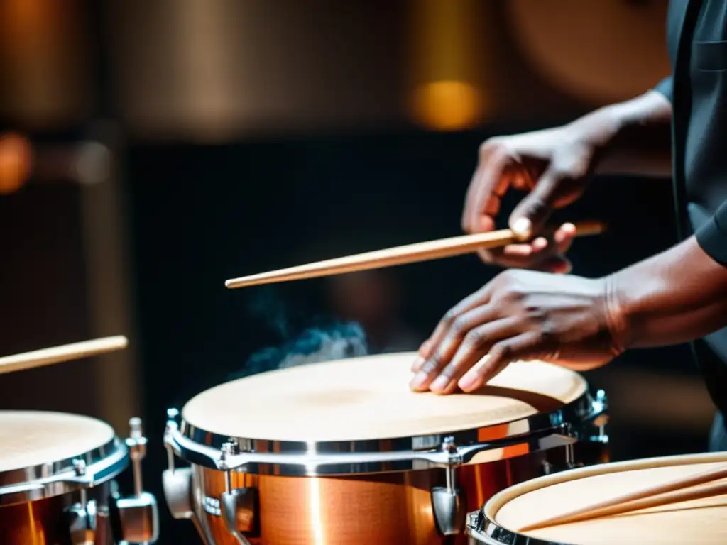 Un percusionista experto toca con pasión los timbales, resaltando detalles y concentración