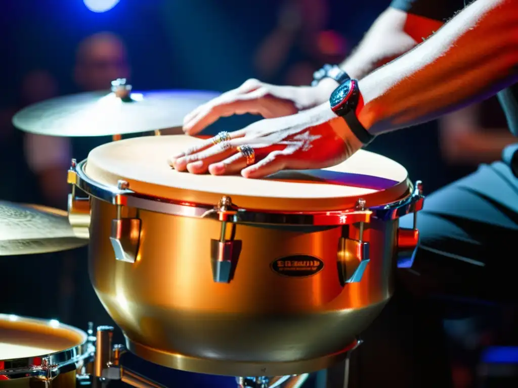 Un percusionista experto toca los timbales con pasión, su rostro refleja intensidad