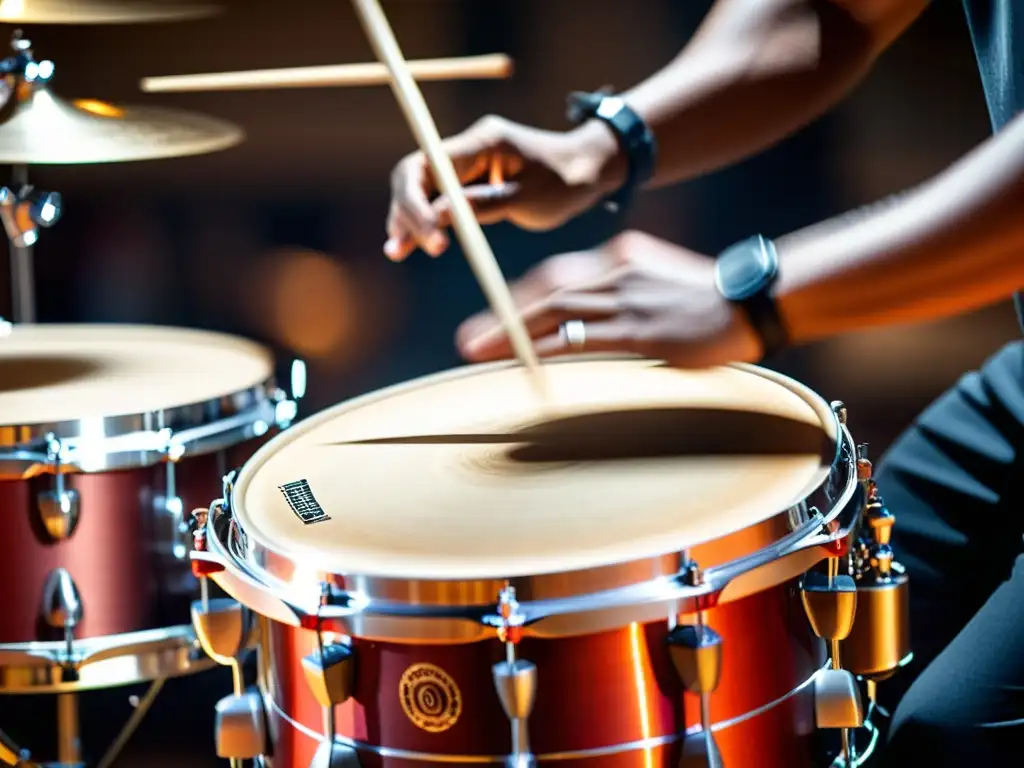 Un percusionista experto tocando los timbales, capturando el ritmo y dinámica del timbal percusión con intensidad y precisión