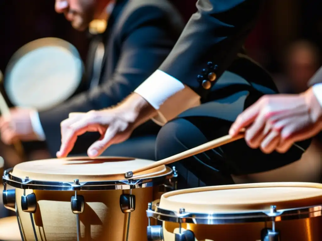 Apasionada percusión: manos en movimiento durante ópera Un percusionista experto toca con pasión una variedad de instrumentos en una ópera, resaltando el papel crucial de la percusión en ópera