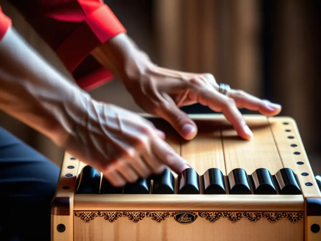 Un percusionista flamenca experto crea ritmos y técnicas vibrantes en un cajón, con movimientos poderosos y pasión palpable