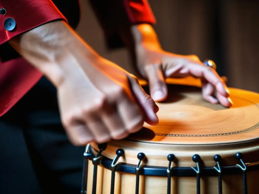 Un percusionista flamenca muestra maestría al tocar el cajón, con sudor y pasión en un escenario tenue