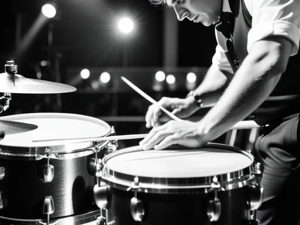 Un percusionista en el foso de la orquesta durante un musical de Broadway, mostrando pasión y destreza en la percusión en musicales de Broadway