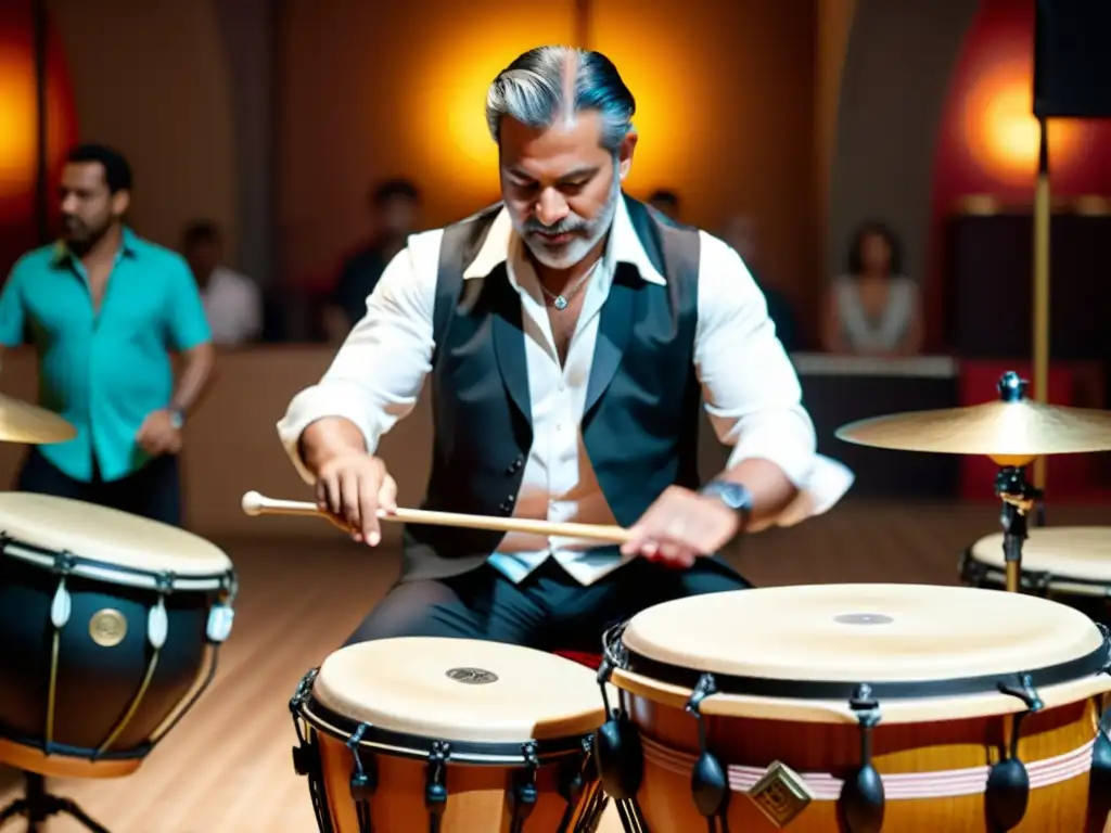 Un percusionista habilidoso toca el 'bombo legüero' con intensa concentración, rodeado de elementos culturales y patrones rítmicos de tango