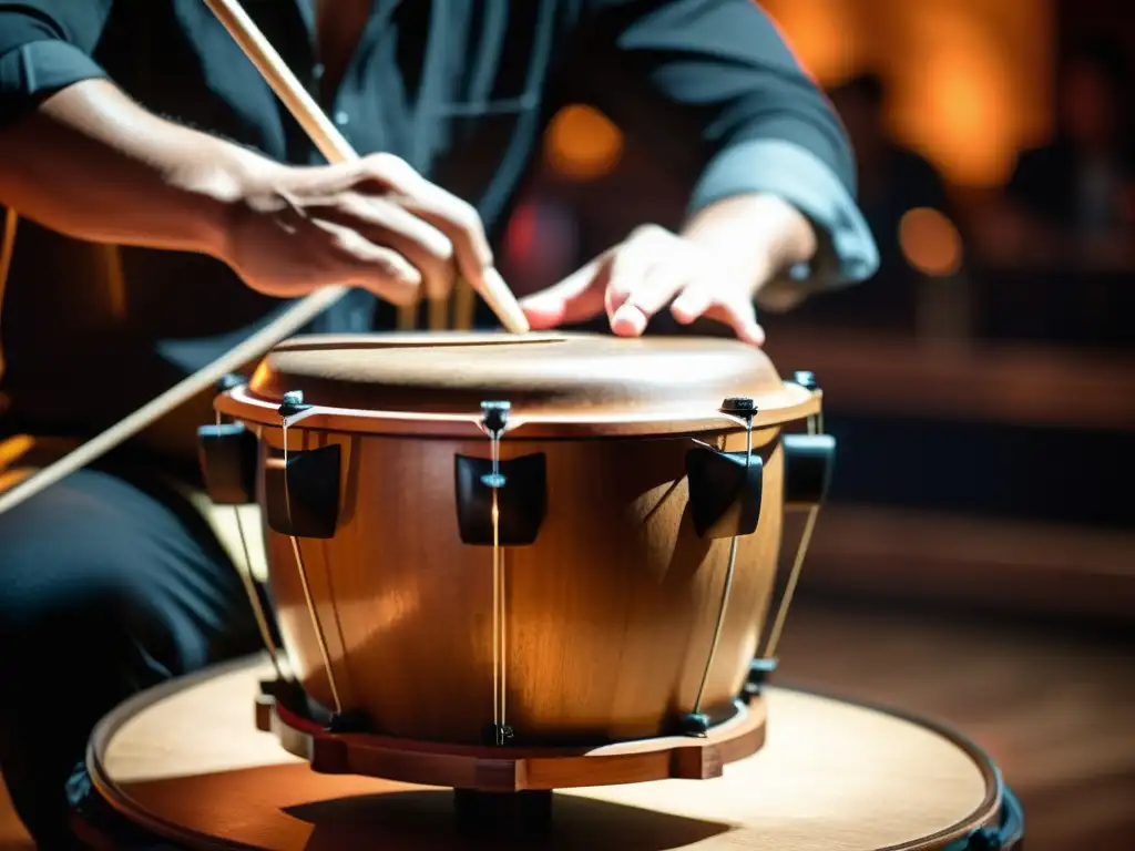 Un percusionista habilidoso toca un cajón peruano con pasión en un ambiente íntimo de música indie