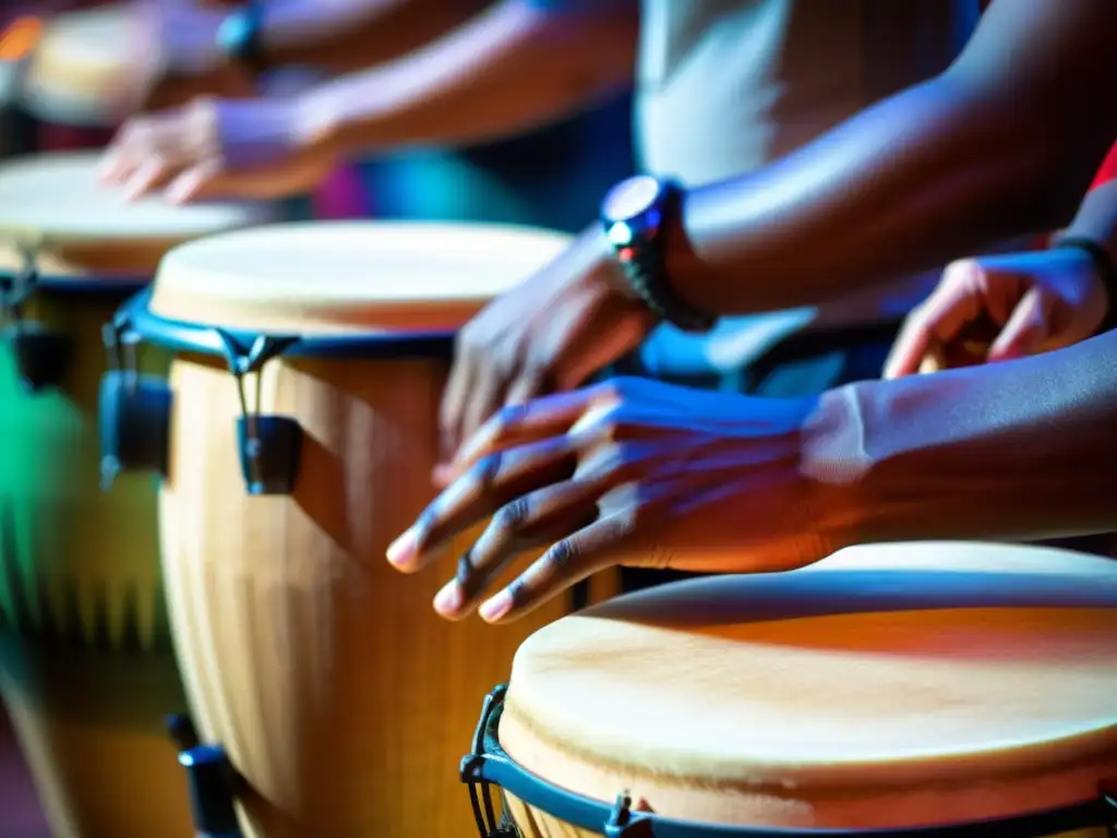 Un percusionista habilidoso toca las congas con pasión, destacando las técnicas de tumbao para conga afroantillana