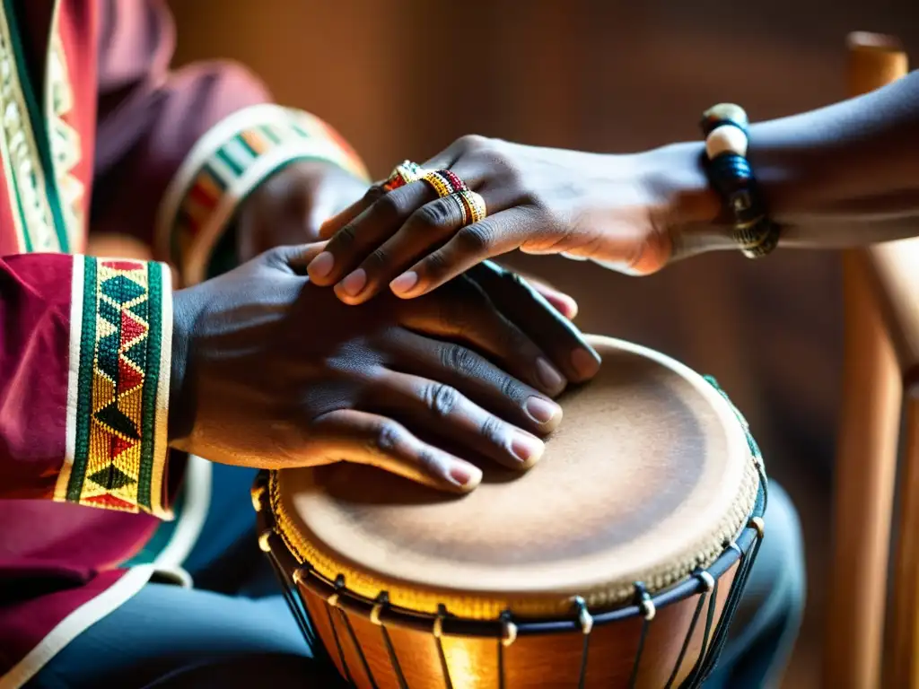 Un percusionista habilidoso toca el djembé, mostrando la intensidad y pasión de la música africana con técnicas modernas de percusión africana