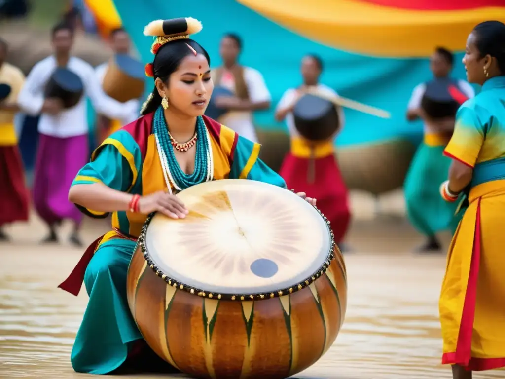 Un percusionista habilidoso toca un tambor de agua tradicional en un festival cultural vibrante, creando ritmos líquidos en la percusión tradicional