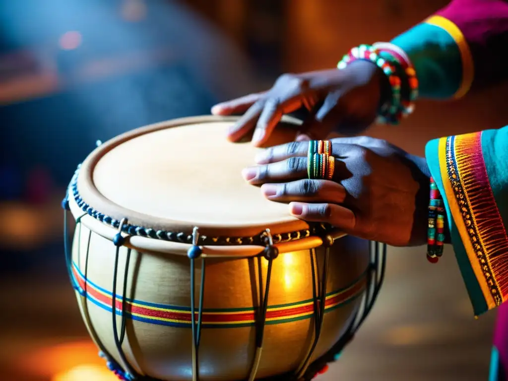 Un percusionista habilidoso toca un tambor de mano tradicional, resaltando la historia del tambor de mano con movimientos precisos y coloridos adornos