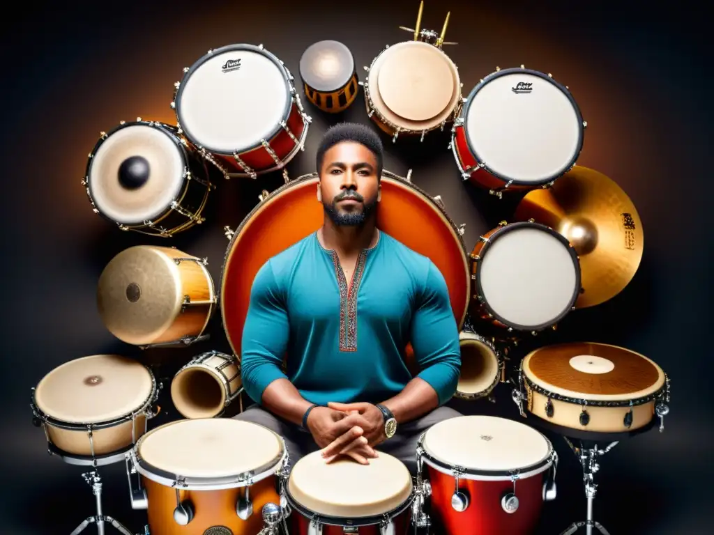 Un percusionista inmerso en la diversidad cultural de tambores y ritmos del mundo, proyectando pasión y enfoque