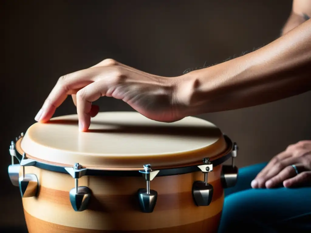 Un percusionista toca suavemente instrumentos minimalistas como cajón, shaker y tambor de lengua, mostrando técnicas percusión minimalista con detalle