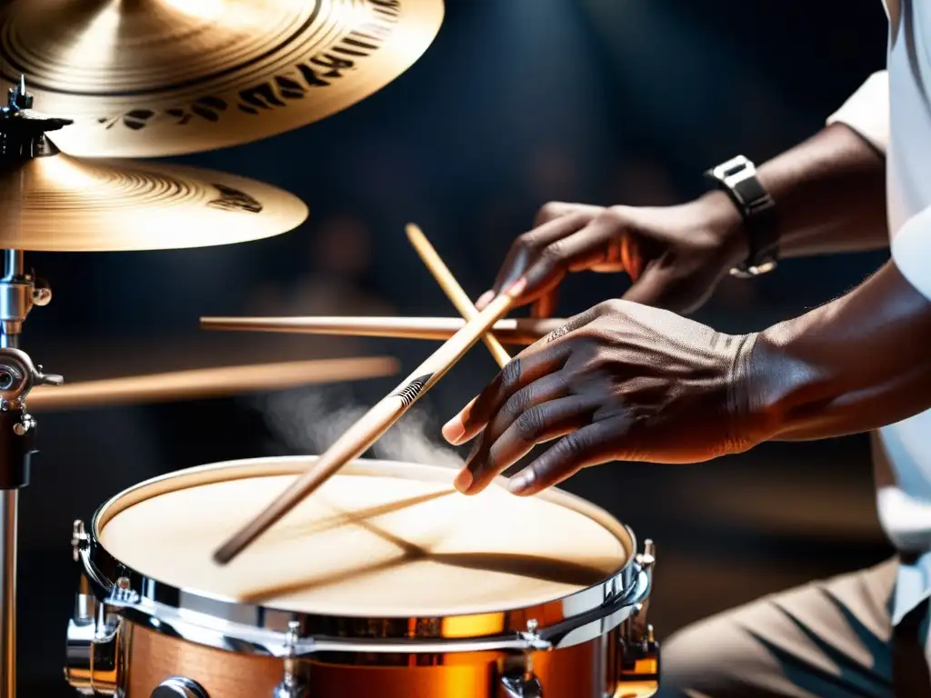 Un percusionista de jazz en plena acción, mostrando la pasión y destreza de sus técnicas de percusión en jazz