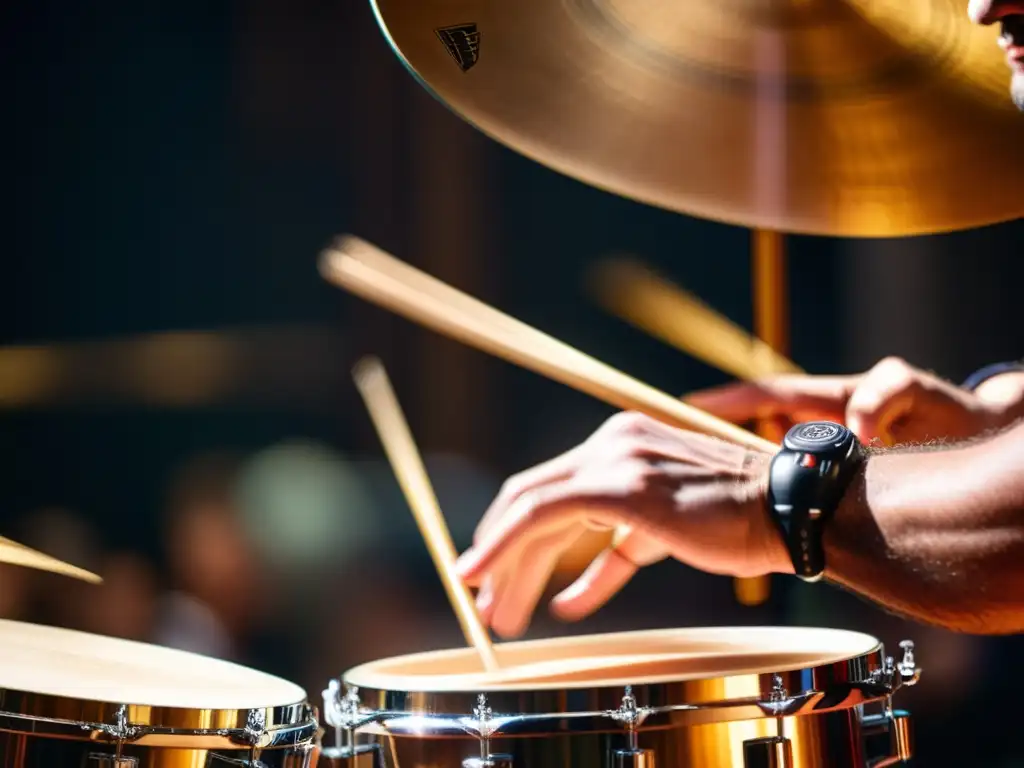 Un percusionista maestro toca con destreza los timbales, transmitiendo la energía y pasión de la música latina en vivo