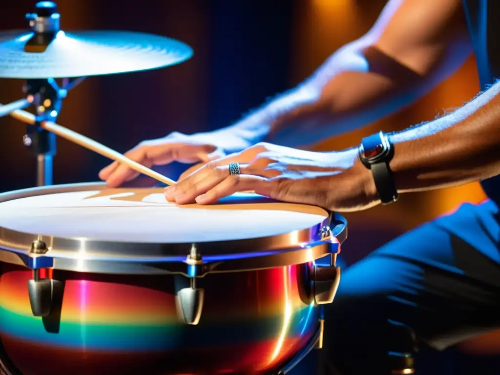 Un percusionista maestro toca con destreza timbales latinos, capturando su energía y pasión