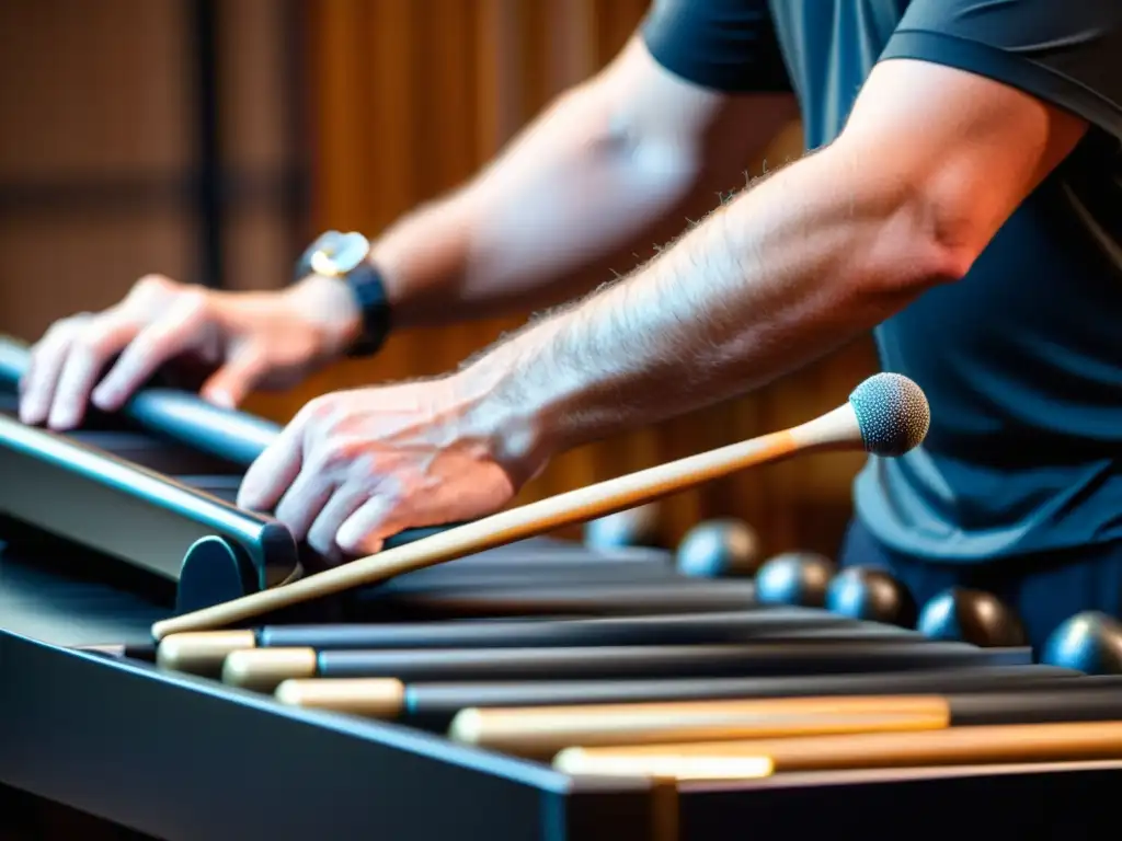 Un percusionista hábil sostiene dos mazas sobre un vibráfono con concentración