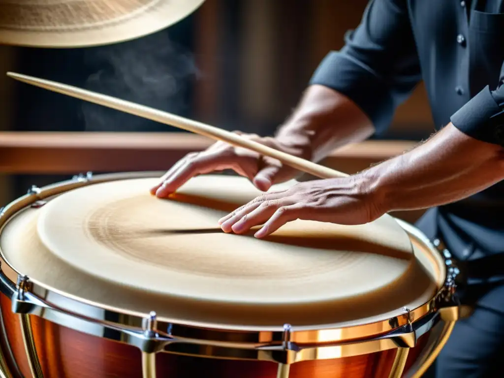 Un percusionista toca el timbal con un mazo suave, revelando la textura del tambor y la destreza del músico