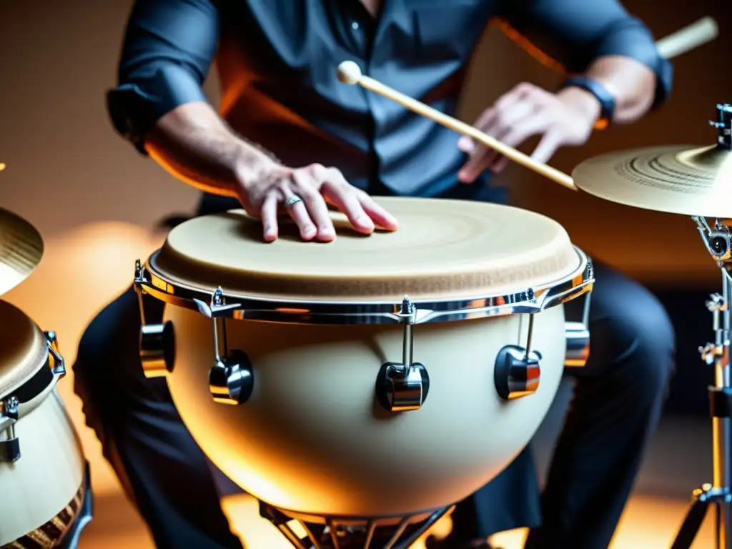 Un percusionista moderno interpretando una variedad de instrumentos de percusión, destacando la fusión de técnicas tradicionales e innovadoras