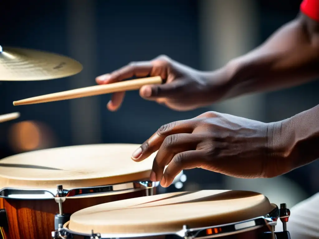 Un percusionista ejecuta una percusión pop con precisión y energía, resaltando detalles y movimientos