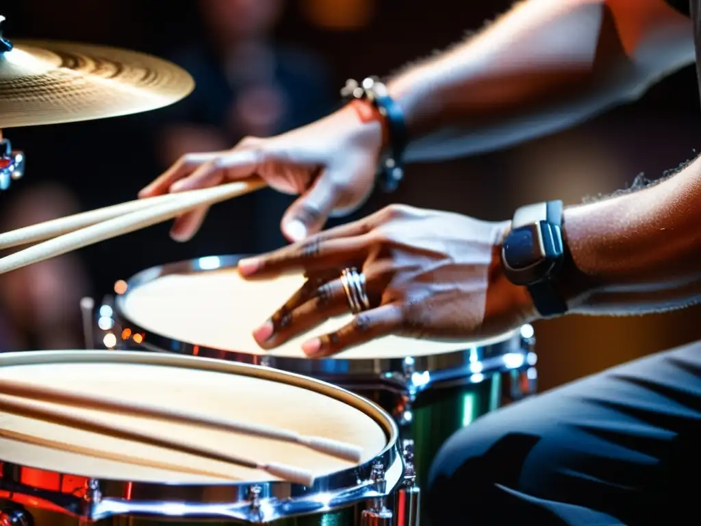 Un percusionista en pleno movimiento, tocando una compleja ritmo en una batería durante un musical de Broadway