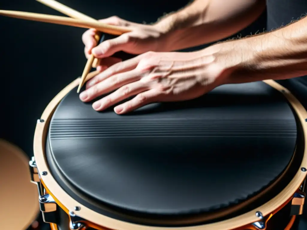 Un percusionista hábil toca pads de práctica de batería de caucho, mostrando precisión y arte en el performance musical