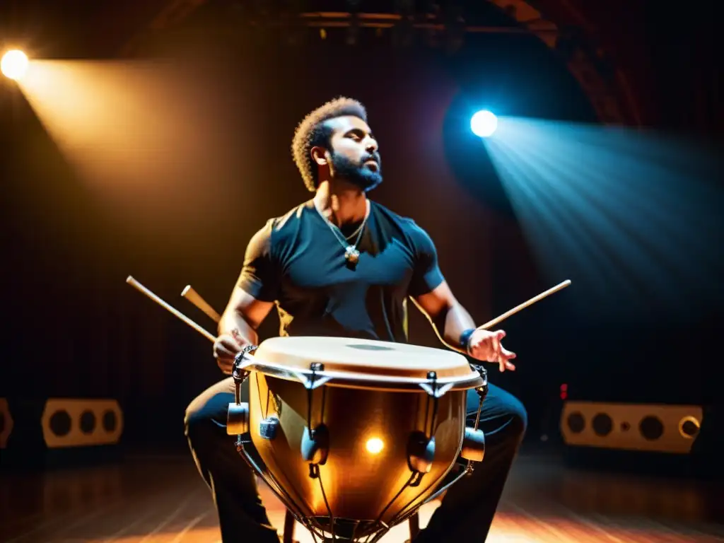 Un percusionista profesional interpretando instrumentos de percusión modernos en el escenario, con pasión y concentración intensa